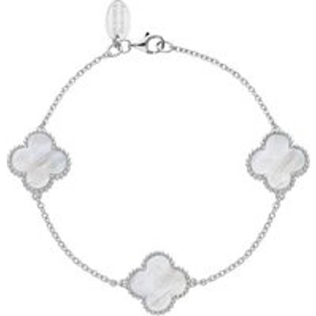 Sterling Silver White Mother of Pearl Bloom Four Leaf Clover Ball Edge Chain Bracelet