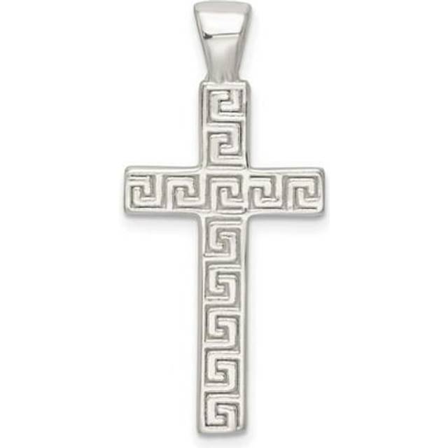 Finest Gold Sterling Silver Polished Greek Key Hollow Latin Cross Pendant
