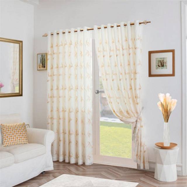 Luxury Living Leaf Embroidered Tulle Voile Curtains Ring Top Gold 147cm x 229cm, Gold