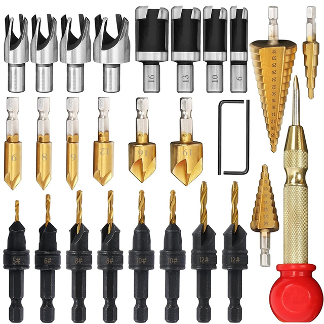 moresk-28 Pcs Woodworking Chamfer Drilling Tools, Including Countersink Bit, Wood Plug Cutter Drill Bit Set