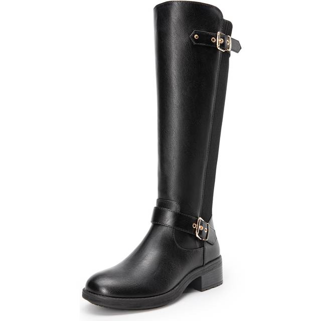 DREAM PAIRS Women's Knee High Boots Comfortable Elastic Knit Fabric Chunky Block Heel Round Toe Side Zipper Riding Biker Motorcycle Buckle Boots Size