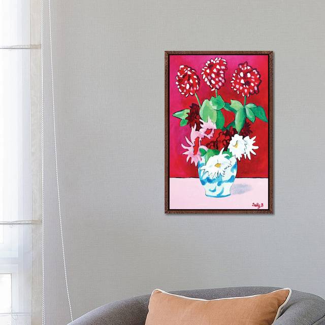 Geranium And Dahlia Bouquet by Sally B - Gallery-Wrapped Canvas Giclée on Canvas - Classic Wood Floater Framed (66.04cm H x 45.72cm W x 3.81cm D)