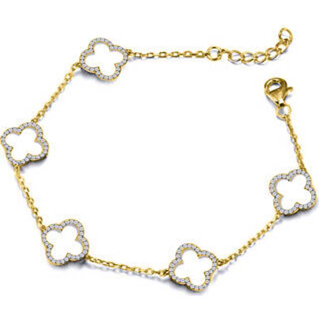 "Jewelco London 14k Gold-plated Silver Round CZ Clover Halo Lucky Charm 5 Station Bracelet 7-8.5"" - ABB236-GP"