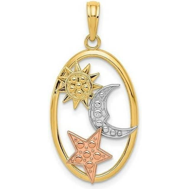 14K Tri-Color Two-Tone with White Rhodium Sun, Moon & Star Oval Pendant