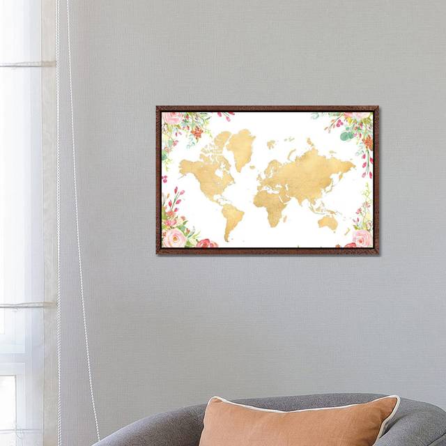 Gold World Map With Boho Watercolor Flowers by Blursbyai - Gallery-Wrapped Canvas Giclée on Canvas - Classic Wood Floater Framed (45.72cm H x 66.04cm W)