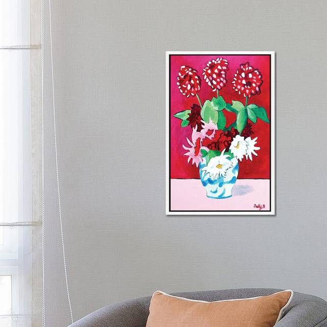 Geranium And Dahlia Bouquet by Sally B - Gallery-Wrapped Canvas Giclée on Canvas - White Floater Framed (66.04cm H x 45.72cm W x 3.81cm D)