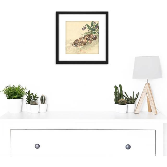 Bathing Tree Sparrow Japanese Woodblock by K?no Bairei - Picture Frame Art Prints - Brown;Green;Beige (25.6cm H X 25.6cm W)