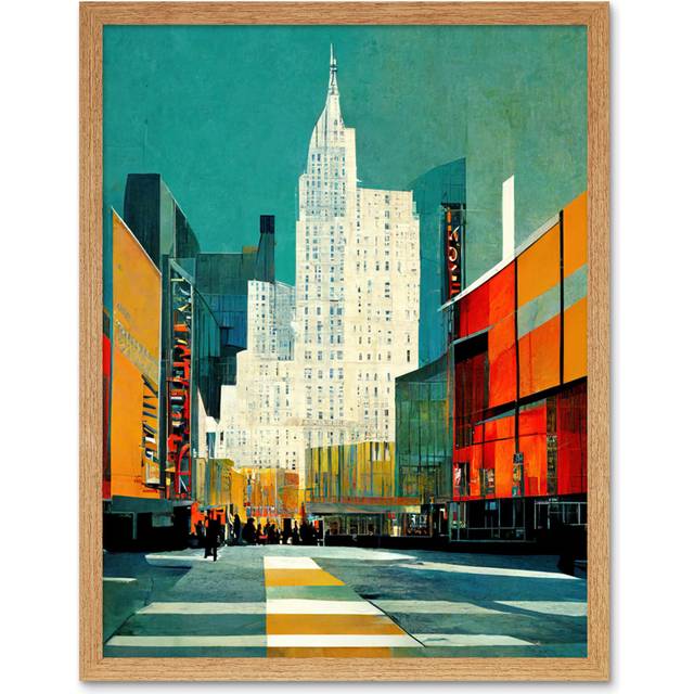Broadway New York Abstract Midcentury Cityscape - Art Prints - Light Brown Framed Paper (25.9cm H x 20.6cm W)