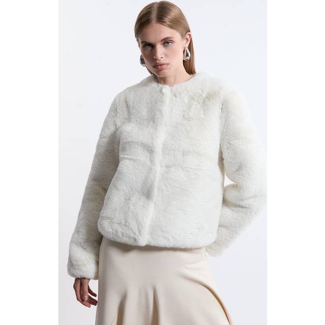 Collarless Faux Fur Jacket - Ivory