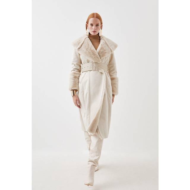 Petite Faux Shearling Collar & Cuff Belted Long Coat - Ivory