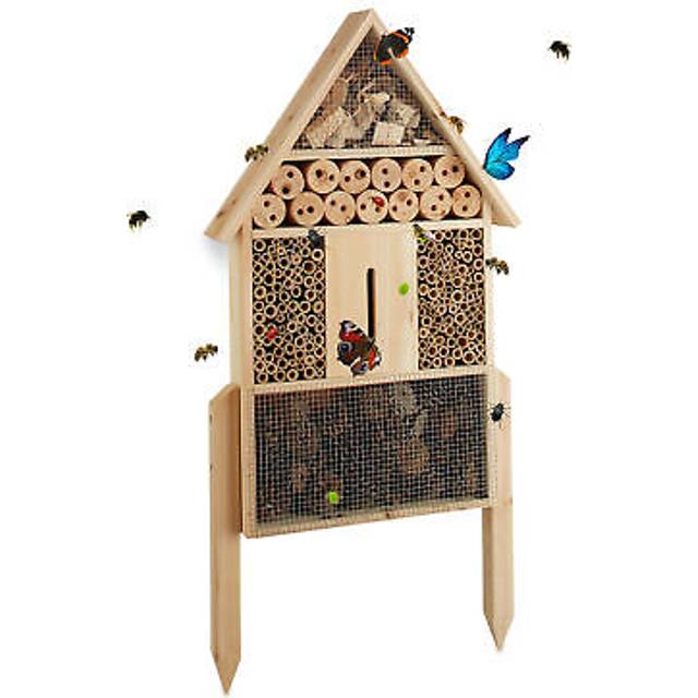 Relaxdays - Free-Standing Size l Insect Hotel, Nest Help for Bees, Lacewings, Ladybugs, Wood, HxWxD: 60.5 x 37 x 9 cm, Natural Brown