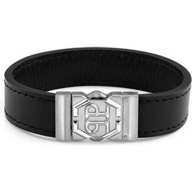 Philipp plein men's leather bracelet silver hexagon tactical buckle pjvea01bl