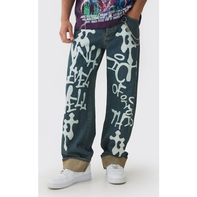 Relaxed Rigid Graffiti Spray Printed Jeans - Blue - 36R