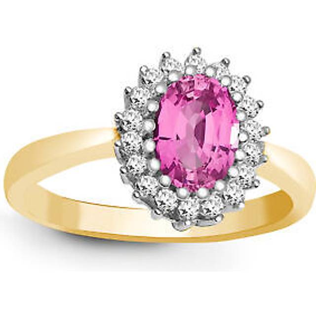 (P) Jewelco London 9ct Yellow Gold H I2 0.23ct Diamond and Oval Pink 1.06ct Sapphire Classic Royal Cluster Ring 11mm