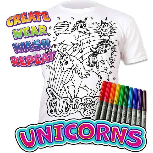 Colour-in Unicorn T-Shirt with 10 Non-Toxic Washable Magic Pens - Colour-in and Wash Out T-Shirt (Age 3-4) White