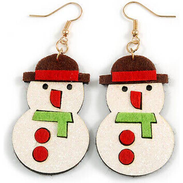 Christmas sequin felt/ fabric snowman drop earrings in gold tone - 70mm long