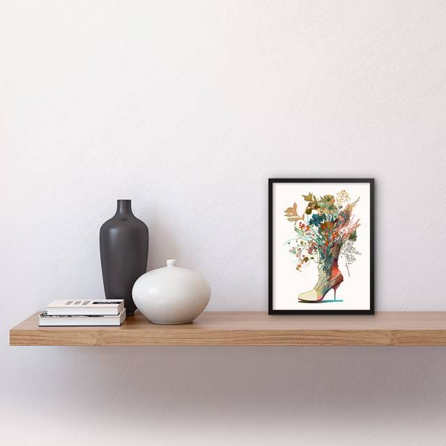 Pearsonville Wildflower Bouquet In A Stiletto Heel Combat Boot - Single Picture Frame Art Prints - Multicoloured (25.9cm H X 20.6cm W)