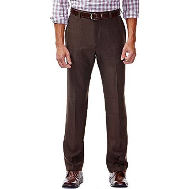 Haggar mens Eclo Stria Expandable-waist Plain-front dress pants  Brown  36W x 29L US
