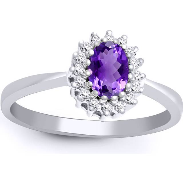 (M) Jewelco London 9ct White Gold H I2 0.12ct Diamond and Oval Purple 0.44ct Amethyst Classic Royal Cluster Ring 9mm