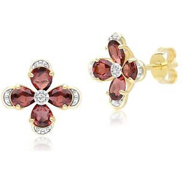 Floral Garnet & Diamond Stud Earrings in 9ct Yellow Gold