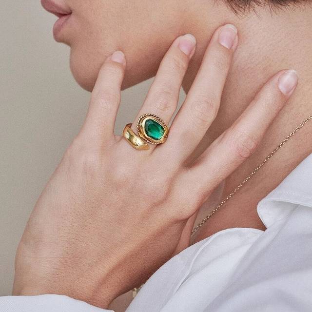 (J5840) Italian Square Vintage Crystal Brass Adjustable Open Ring For Women Stylish 2024 Summer Fashion