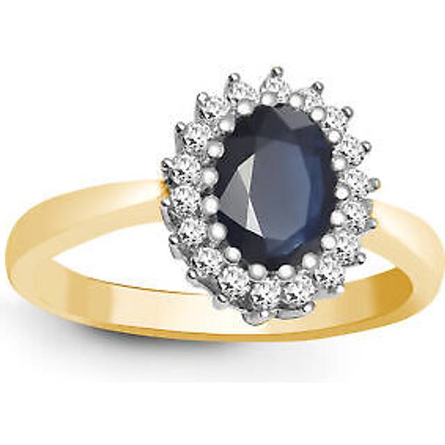 (K) Jewelco London 9ct Yellow Gold H I2 0.23ct Diamond and Oval Blue 1.1ct Sapphire Classic Royal Cluster Ring 11mm