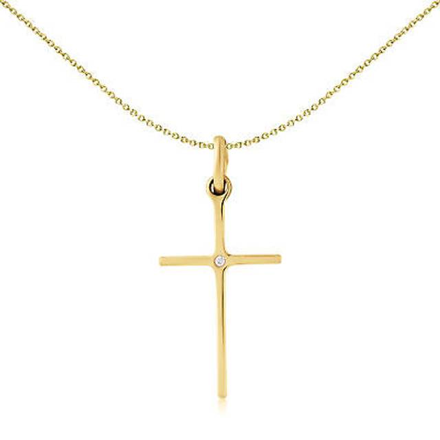 Jewelco London Solid 9ct Yellow Gold illusion set Diamond Cross Pendant 12x20mm - CRNR02245