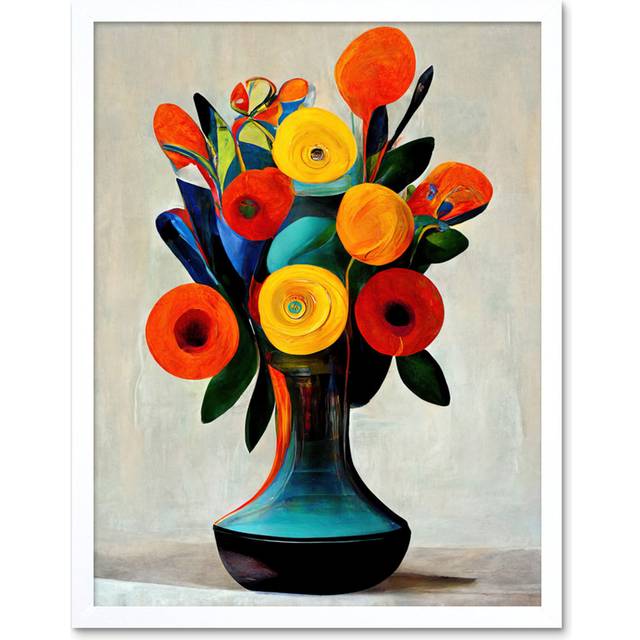Midcentury Style Floral Bouquet Flowers - Painting - White Framed Paper (25.9cm H x 20.6cm W)