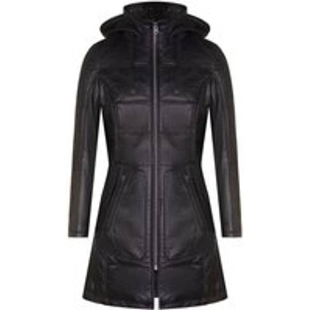 Womens Leather Hooded Quilted Parka Coat-Olney - Black - 10