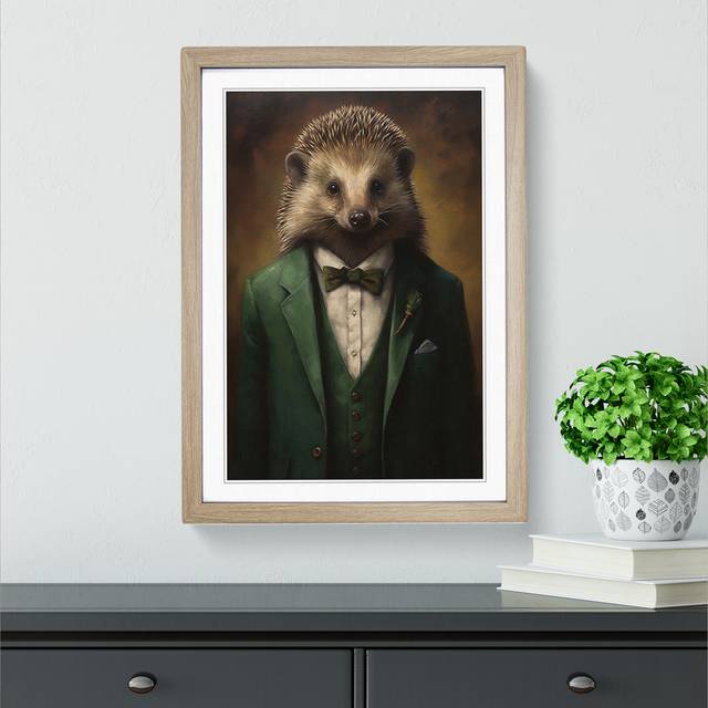 Hedgehog in a Suit Painting No.3 - Oak Framed (34cm H x 25cm W x 2cm D)