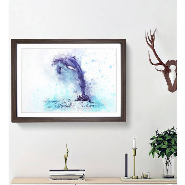 Jumping Dolphin in Abstract - Picture Frame Painting Print - Walnut Framed (36cm H x 48cm W x 2cm D)