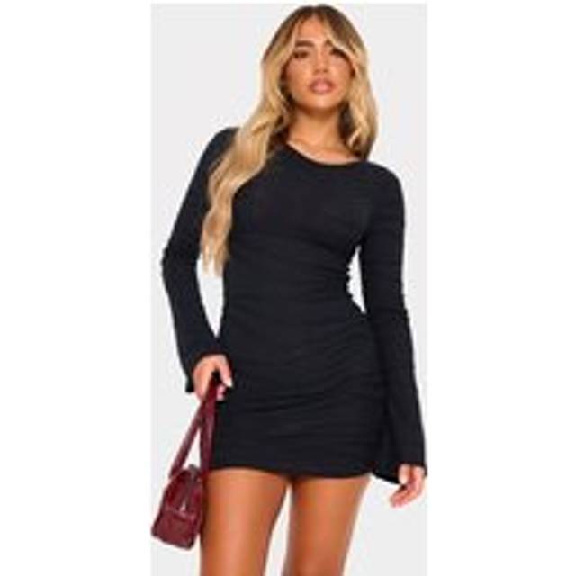 Black Textured Flared Sleeve Shift Dress, Black - 4