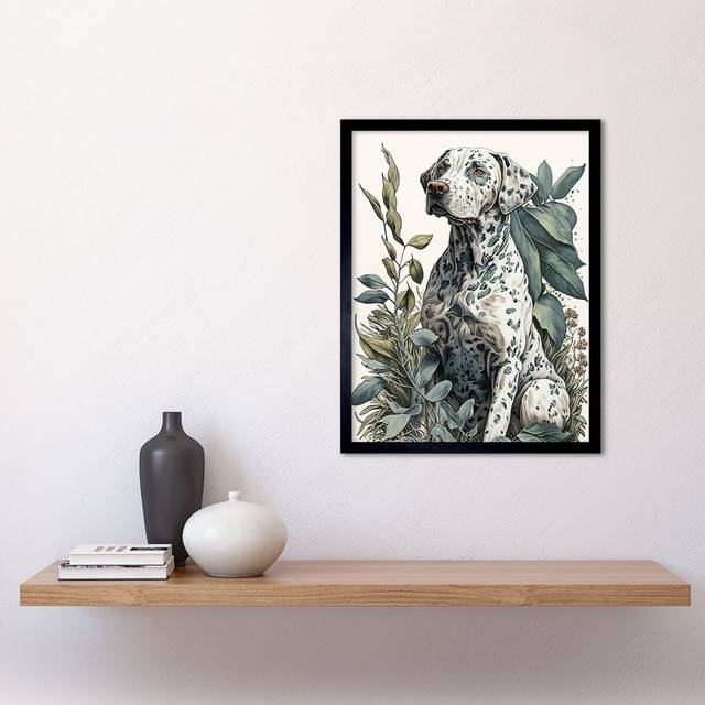 Dalmatian Dog in Field Plants Modern Watercolour - Single Picture Frame Art Prints - Dark Teal;Light Green (43.3cm H X 33.3cm W)