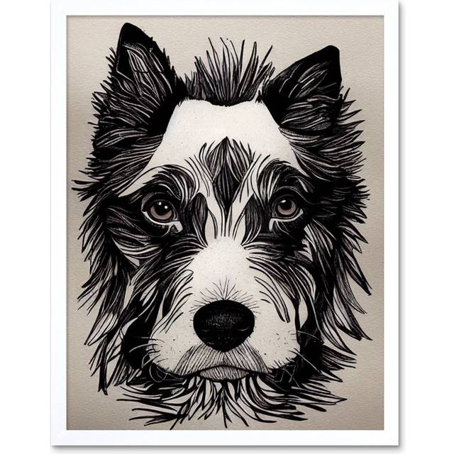 Cute Border Collie Face Ink Line Art Print - White Framed Paper (25.9cm H x 20.6cm W x 1.5cm D)