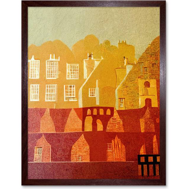 Vintage Folk Art Midcentury Cityscape Abstract - Art Prints - Brown Framed Unframed (25.9cm H x 20.6cm W x 1.5cm D)