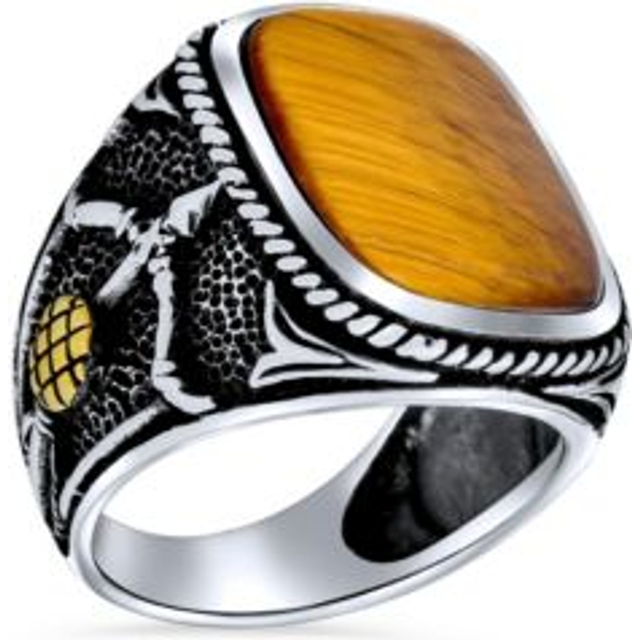 Tiger Eye 925 Silver Oxidized Natural Stone Bow and Arrow Pattern Engraving Handmade Made in Turkey Ring 23 [Bling Jewelry] Men's No.