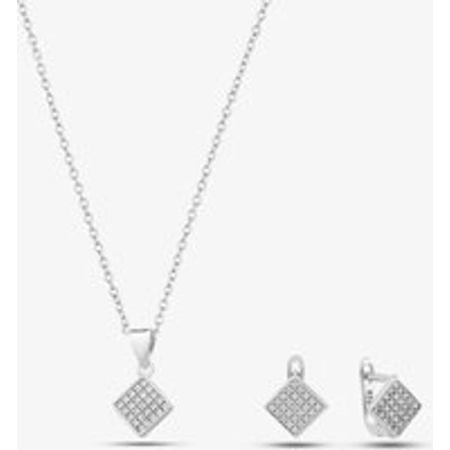 Silver & Cubic Zirconia Pave Diamond-Shape Necklace & Earring Set SET16182