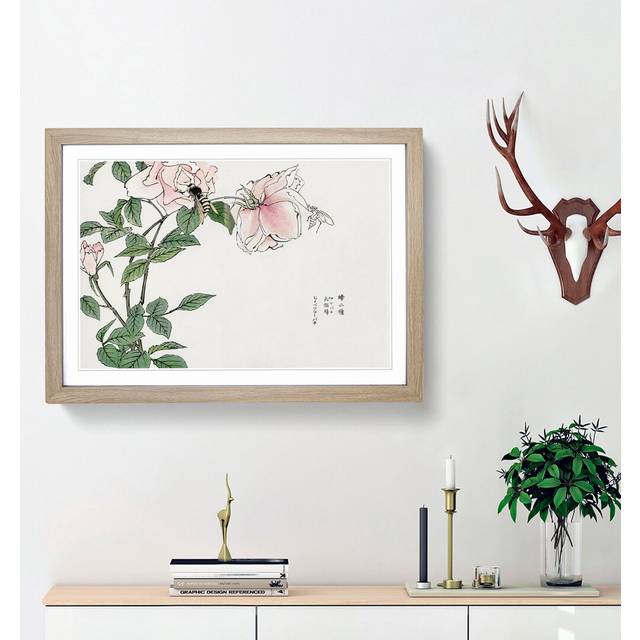 Bee upon a Pink Flower by Morimoto Toko - Picture Frame Painting Print on Paper - Oak Framed (45cm H x 63cm W x 2cm D)