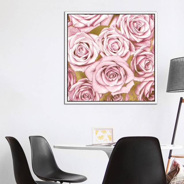 'Roses on Gold' Graphic Art on Wrapped Canvas in Pink - White Floater Framed (93.98 cm H x 93.98 cm W)