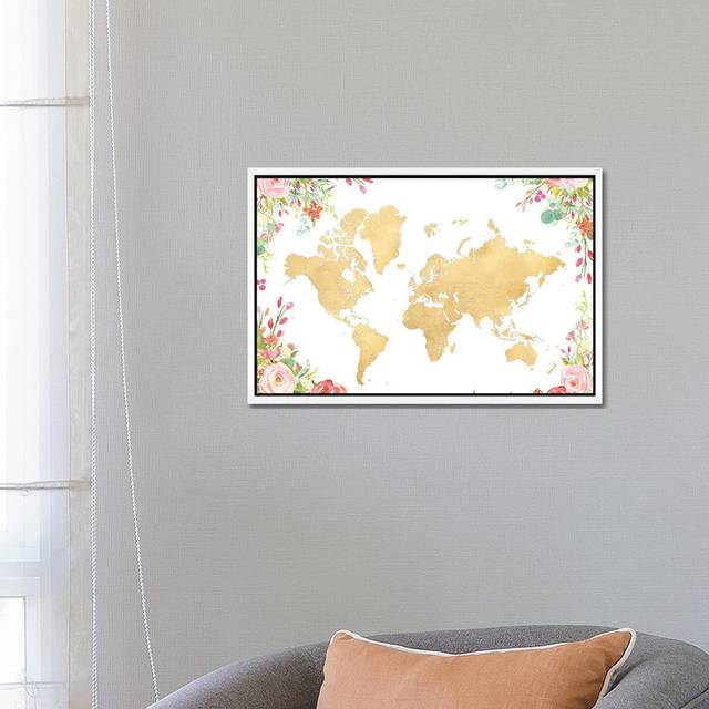 Gold World Map With Boho Watercolor Flowers by Blursbyai - Gallery-Wrapped Canvas Giclée on Canvas - White Floater Framed (45.72cm H x 66.04cm W)