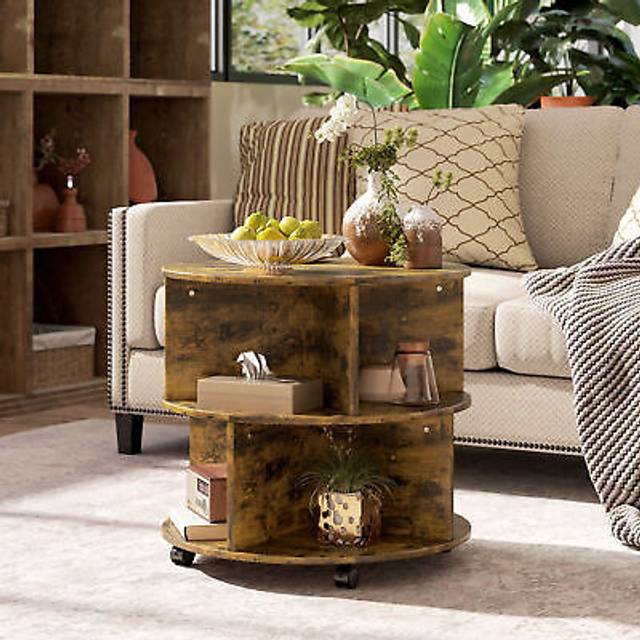 HOMCOM Round Wood Coffee Table with Wheels, 3-Tier Rolling Side Table for Living Room with Divided Shelves, Rustic Brown Aosom UK