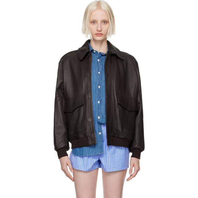 HommeGirls Brown Oversized Leather Bomber Jacket - Dark Brown - L