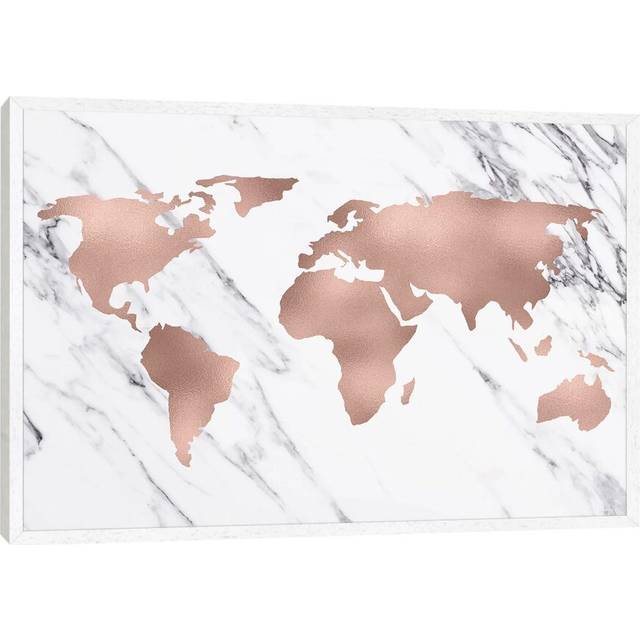 World Map in Rose Gold by Nature Magick - Graphic Art Print on Canvas - White Framed (66.04 cm H x 45.72 cm W)