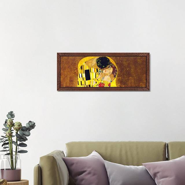 &#39;The Kiss&#39; by Gustav Klimt- Floater Frame Panoramic Painting Print on Canvas - Brown (51cm H x 152cm W x 4cm D)