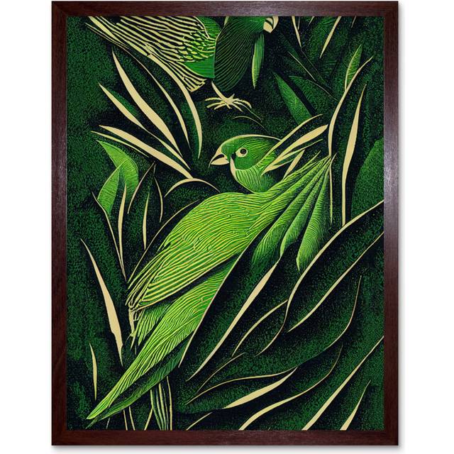 Vintage Retro Abstract Jungle Leaves Parrots - Art Prints - Brown Framed Unframed (25.9cm H x 20.6cm W x 1.5cm D)