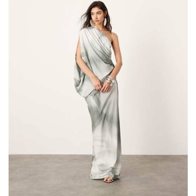 ASOS EDITION – Marmorerad, enaxlad maxiklänning av satin i oversize med en ärm-Flera