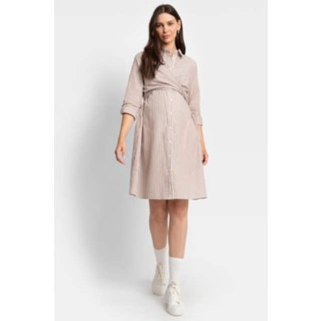 Cotton-Blend Stripe Maternity + Nursing Shirt Dress