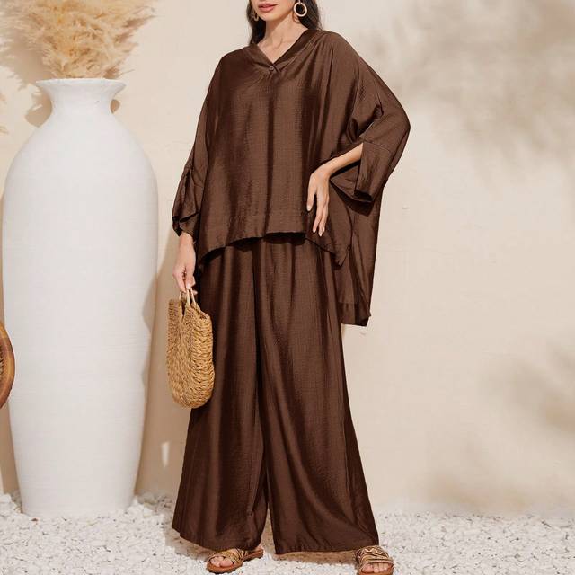 Mulvari 2pcs/Set Women Solid Color Hooded Batwing Sleeve Tops And Wide Leg Pants, Casual Loose Suit 2 Pieces Set