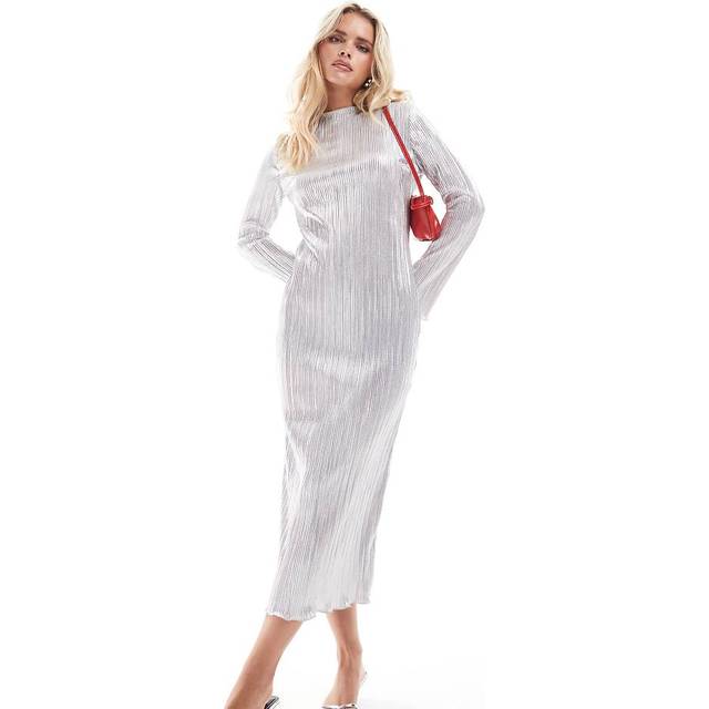 Never Fully Dressed Petite – Silverfärgad, plisserad maxiklänning med hög krage