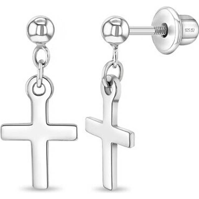 Dangle Cross Kids / Children's / Girls Earrings Screw Back - Sterling Silver